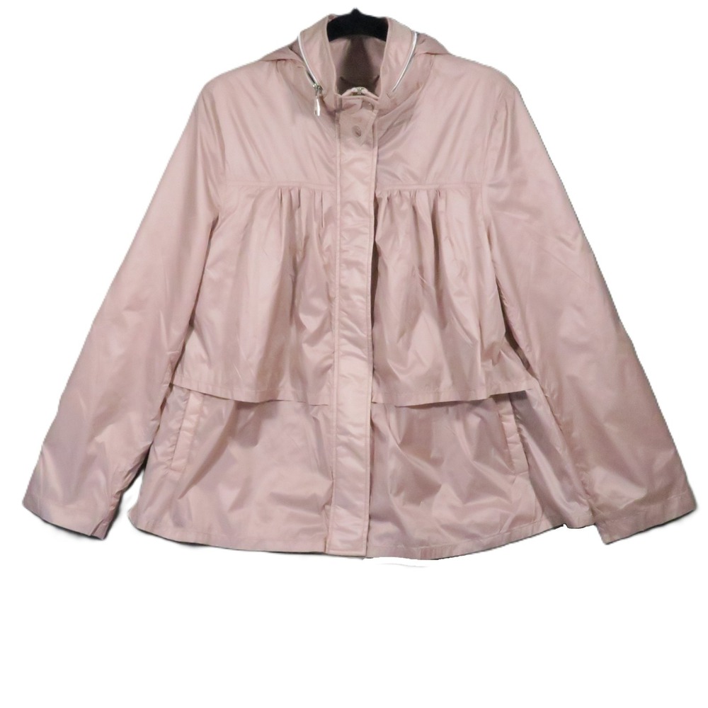 Tahari Tiered Windbreaker Jacket L Pink Nylon Packable Hooded Travel Gorpcore